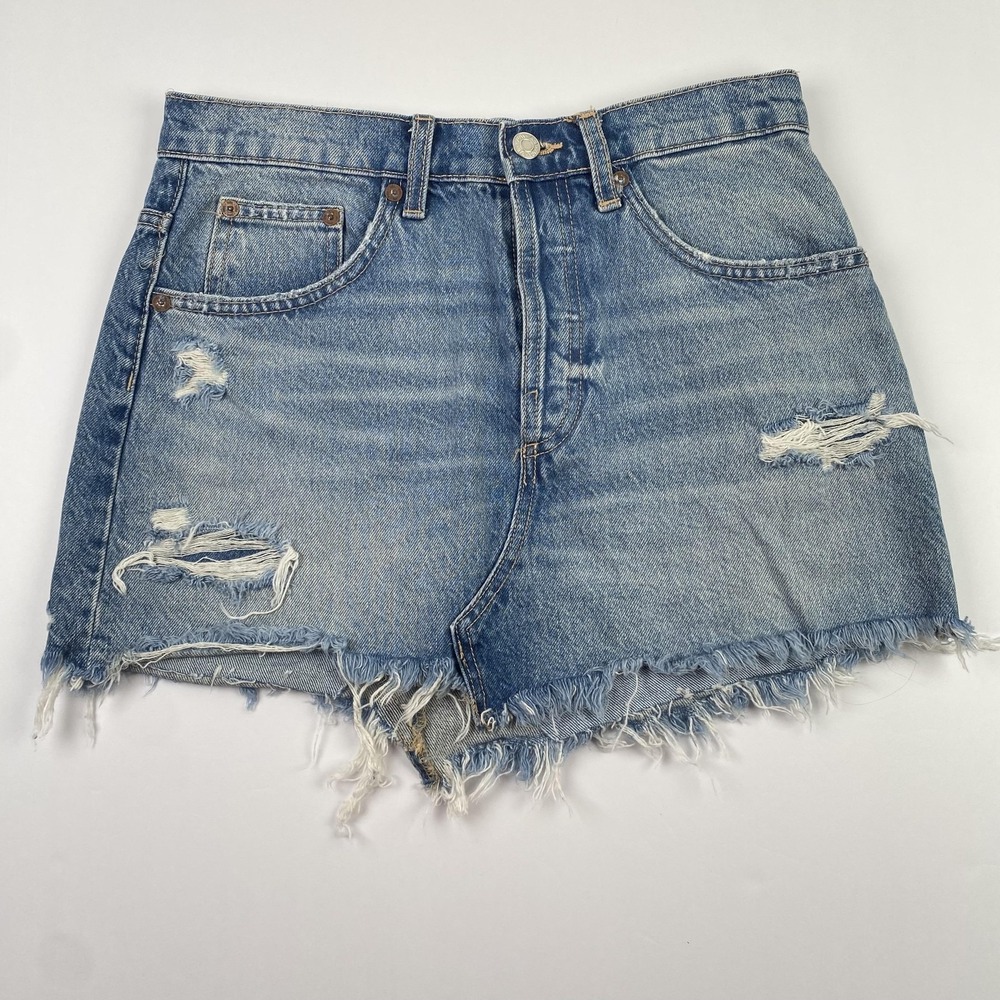 ZARA Denim Skirt Womens Small 29 Waist Blue Distressed Cutoff Frayed Hem